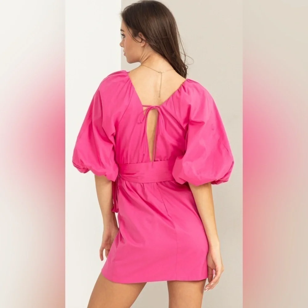 Pink Puff Sleeve with Tie Belt Mini Dress Size Large